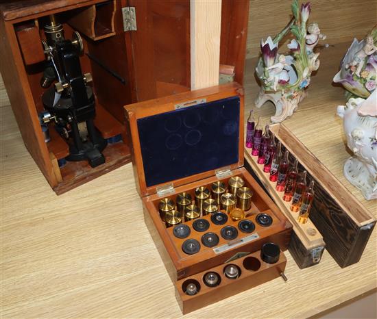 A 1920s Carl Zeiss Jena stereoscope microscope and two boxes of lenses and a chemical tester